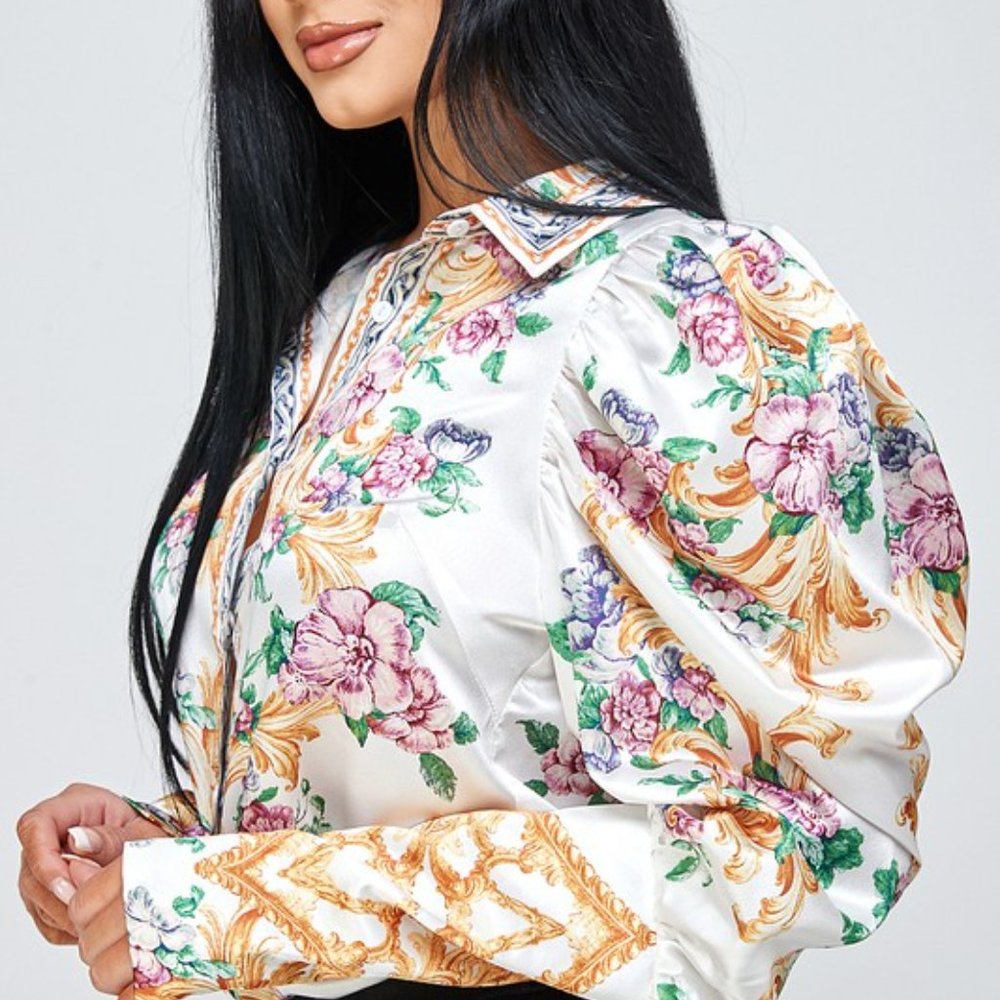 Women's Floral Balloon Sleeve Shirt Blouse - Picture 5 of 8